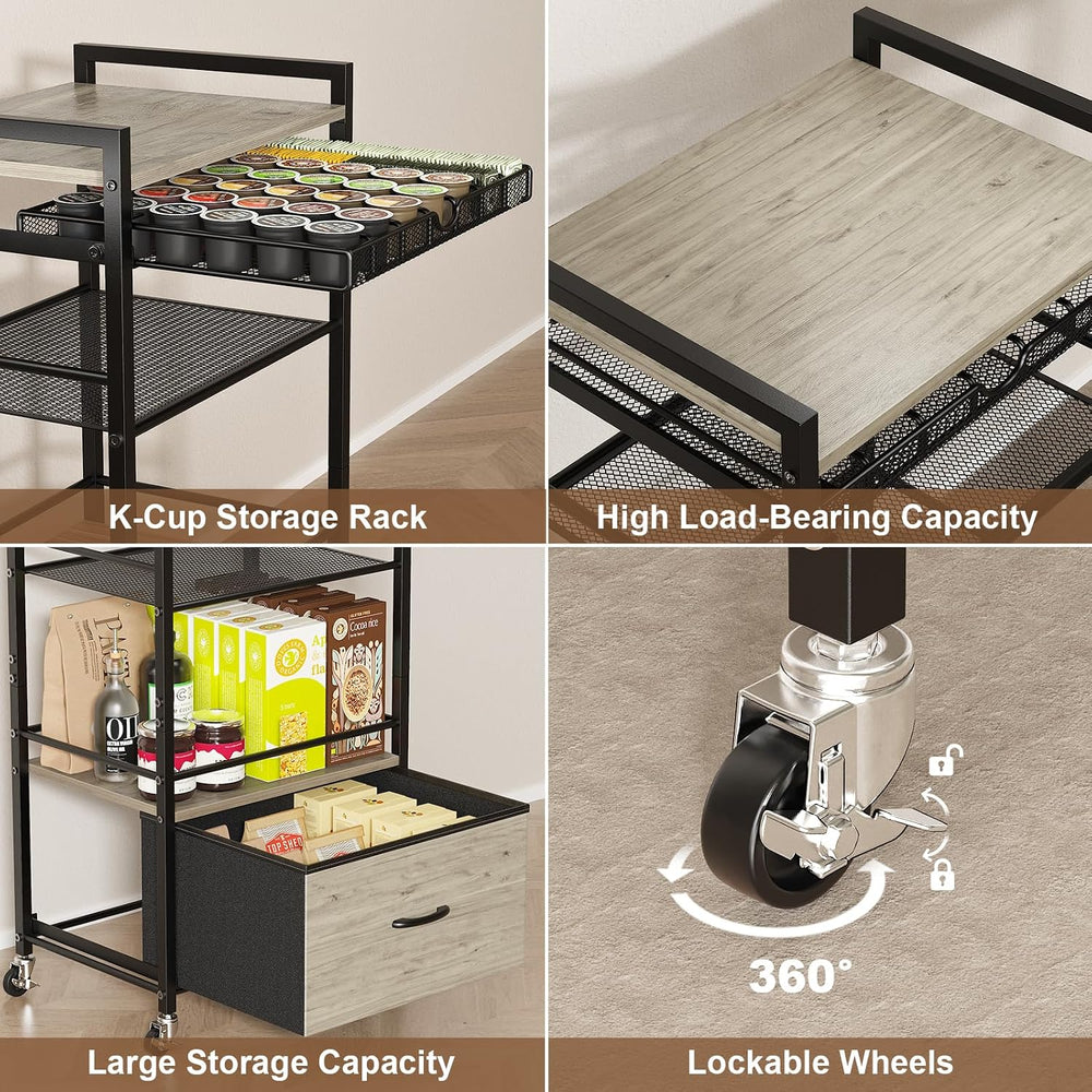 Coffee Bar Cabinet with Storage，5 Tier Coffee Station Table on Wheels, 33.6&q...