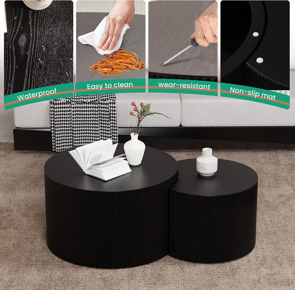 Nesting Coffee Table for Living Room, Round Coffee Table Set of 2 Drum Nestin...