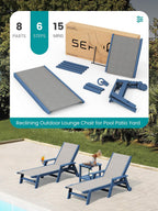 SERWALL Textilene Patio Chaise Lounge Chair Set of 2, HDPE Outdoor Lounger | with Rolling Wheels for Pool, Deck, Blue