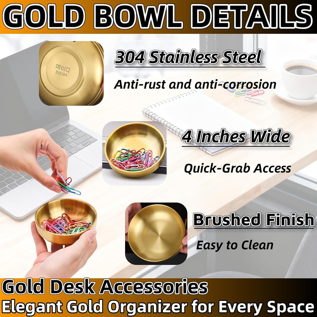 4-Inch Gold Decorative Bowl Paper Clip Holder,Stainless Steel Dual-Purpose Round Small Storage Tray & Cute Jewelry Organizer for Office Desk,Bathroom Vanity,Home & School