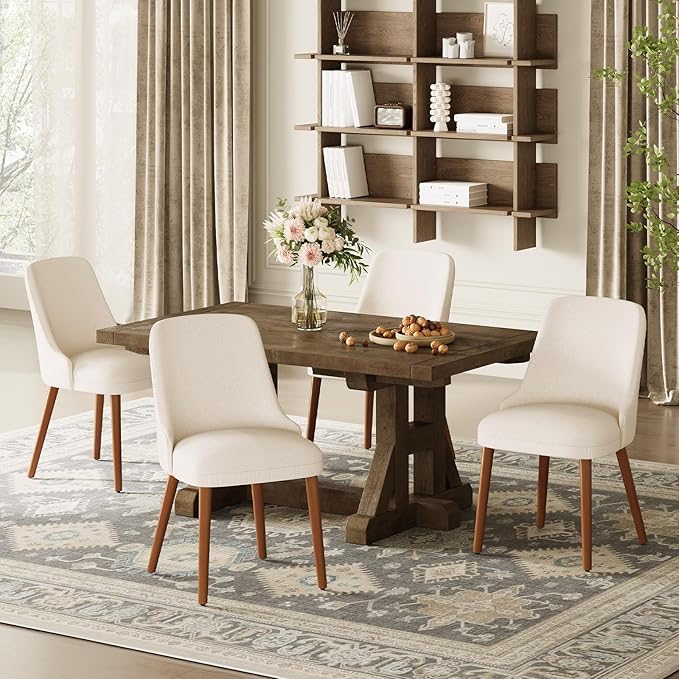 Dining Chairs Set of 2, Upholstered Dining Room Chair with Wood Legs, High-Back Padded Kitchen Chairs for Dining Room/Restaurant/Cafe, Beige