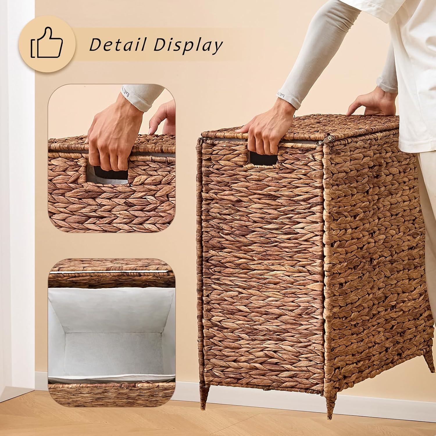 Handwoven Large Laundry Hamper with Lid and 2 Removable Liner Bags, Heightened Feet Natural Hyacinth Clothes Hamper,Wicker Laundry Basket for Clothes and Towels
