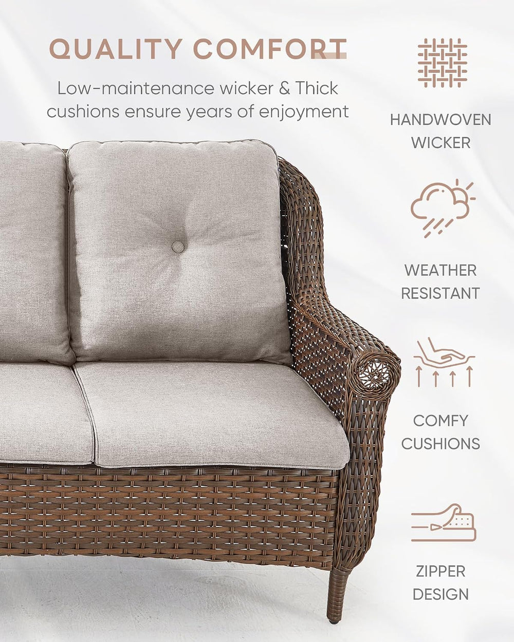 Patio Couch Outdoor Wicker Sofa - Heavy Duty All-Weather Brown Rattan 3-Seate...