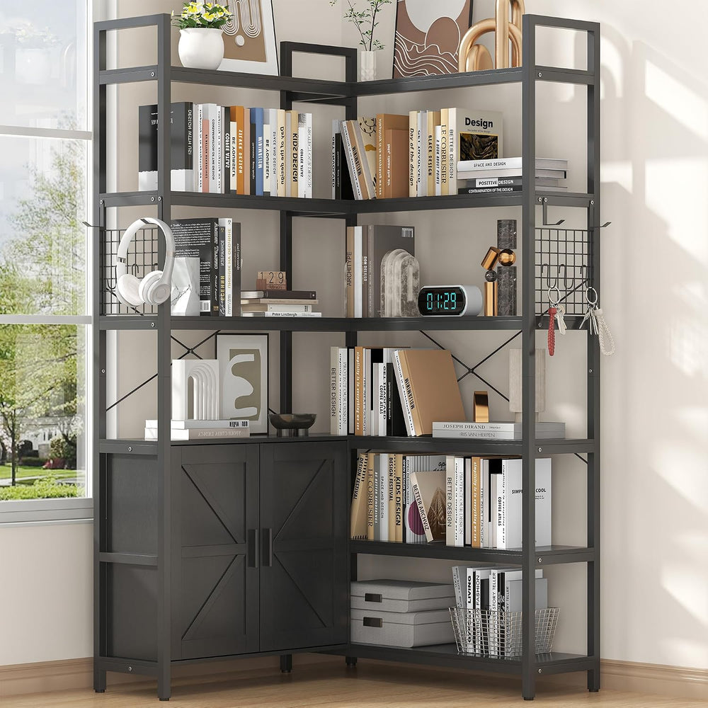6-tire Farmhouse Black Corner Book Shelf with 2 Barn Doors and 10 Storage She...