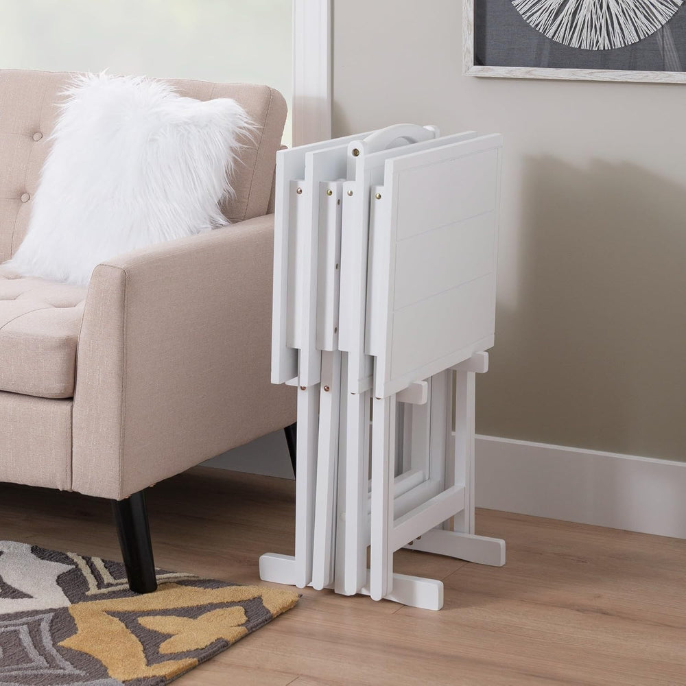 Linon Lisbon Five Piece Farmhouse Plank-Style Top Tray Table Set in White Wood