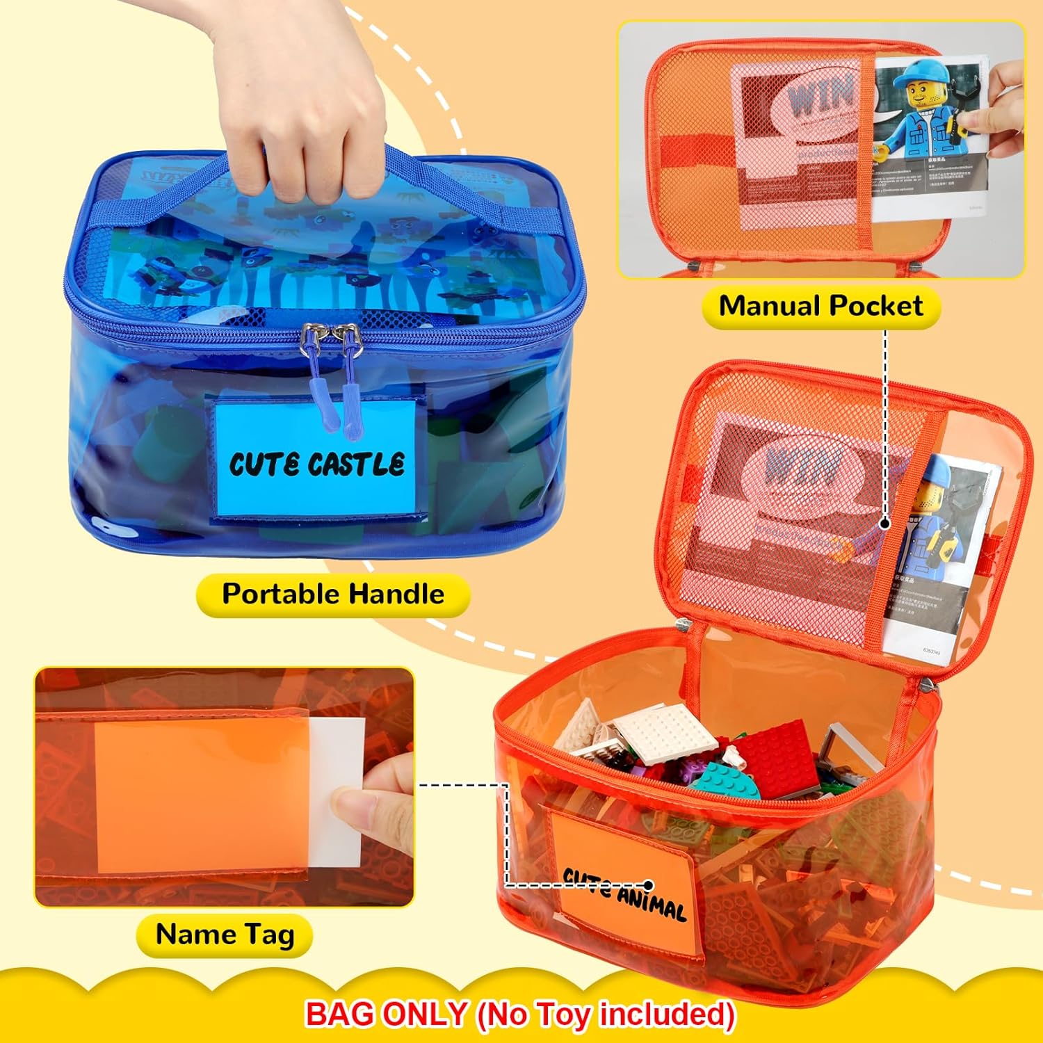 6 Pack Clear Toy Storage Bag with Name Tag& Manual Pocket, Waterproof Transparent PVC Toy Organizer Case for Lego Bricks, Board Games, Building Blocks, Puzzles (Large Capacity, Full Colourful)