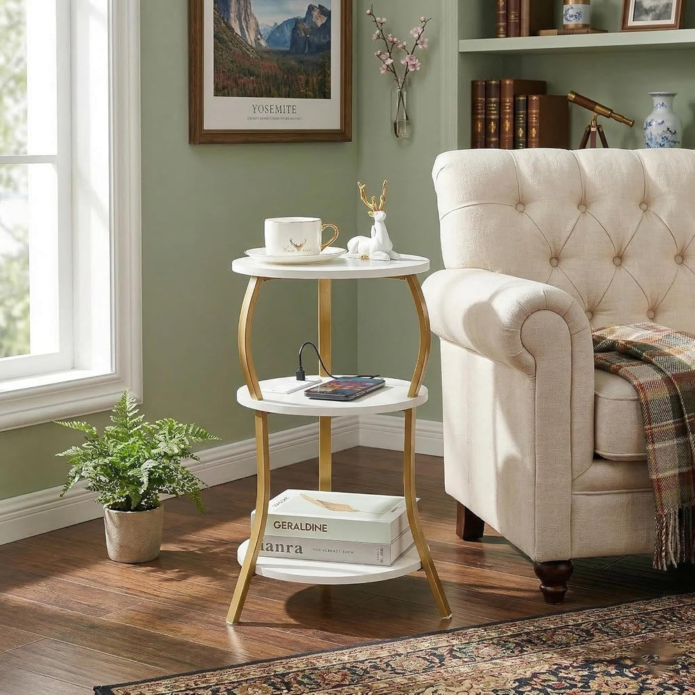Small Round Side Table with Charging Station, 3-Tier Waist Circular End Table...