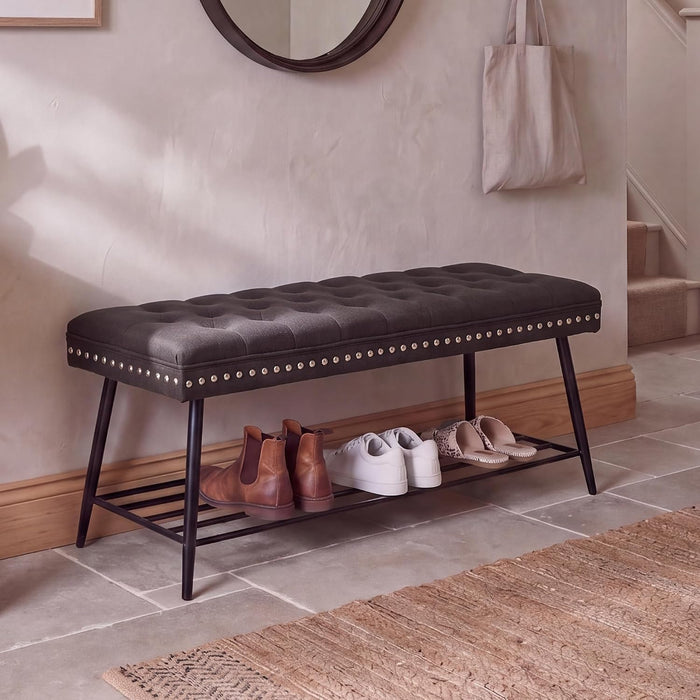 Mistpople Thick Cushioned Shoe Bench, Entryway Bench with Metal Shoe Rack, Upholstered Tufted Ottoman Bench for Bedroom, End of Bed Bench, Farmhouse Style Storage Bench for Hallway, Living Room