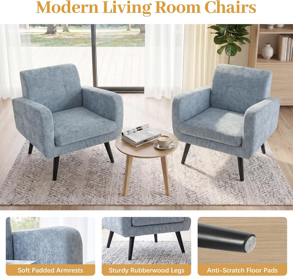 LSSPAID Modern Accent Chair Set of 1, Upholstered Chenille Armchair with Tufted Back, Comfy Single Sofa Chair Lounge Reading Chair with Solid Wood Legs for Living Room Bedroom Office, Dusty Blue