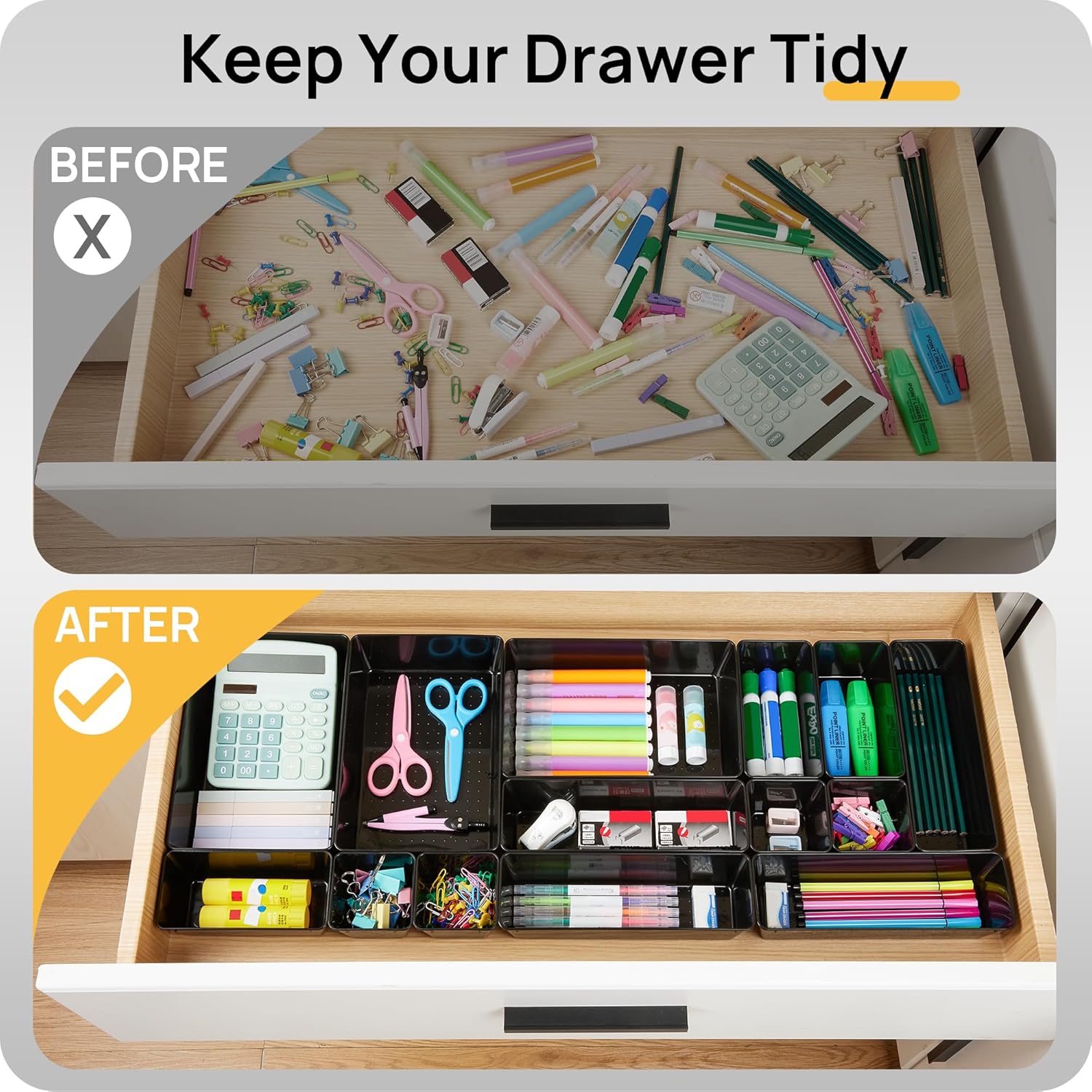 Vtopmart 25 PCS Office Desk Drawer Organizers Set, 4-Size Versatile Plastic Drawer Organizer Trays, Storage Bins for Desk Accessories Office Organizers and Storage, Bathroom, Makeup, Vanity, Black