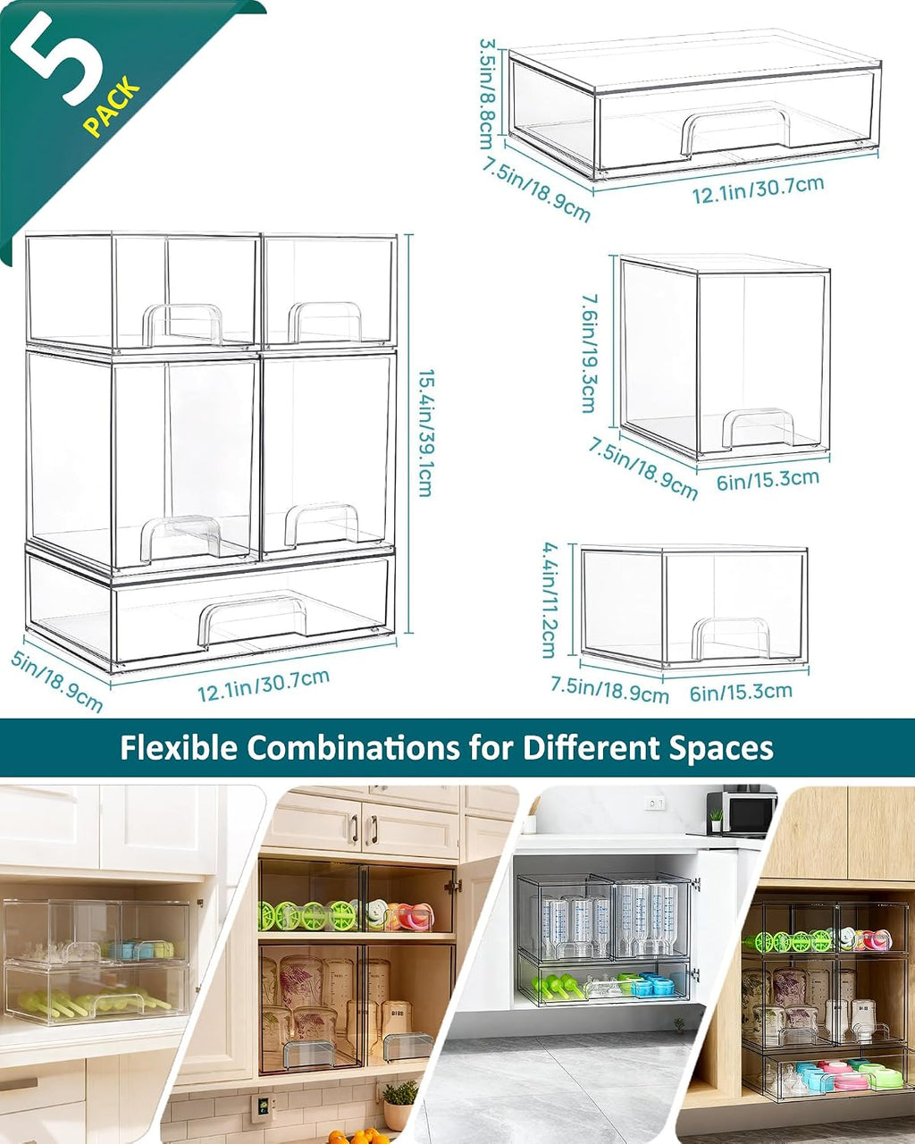 Baby Bottle Organizer for Countertop Food-grade Acrylic Storage for Cabinet | Set of 5 Clear Stackable Organizers with Drawers for Bottles, Plastic Baby Station Organization for Pacifiers, Pump Parts