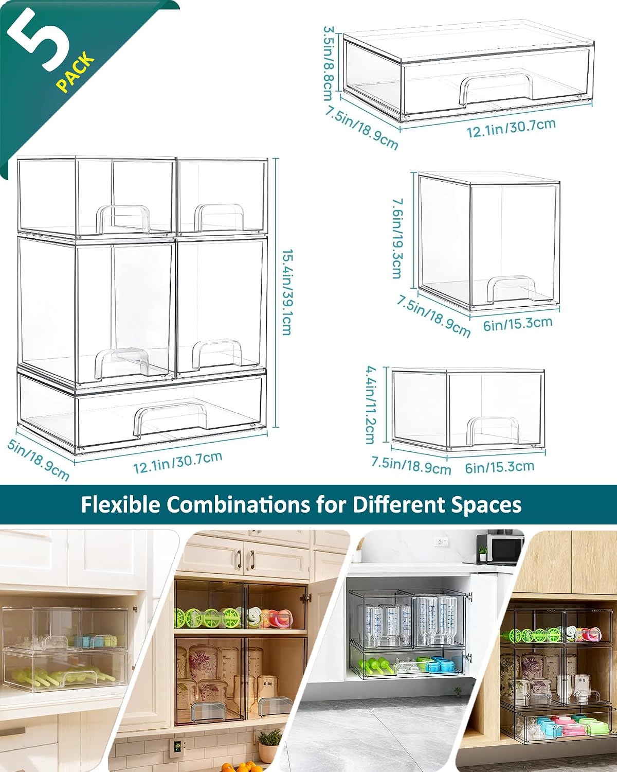 Baby Bottle Organizer for Countertop Food-grade Acrylic Storage for Cabinet | Set of 5 Clear Stackable Organizers with Drawers for Bottles, Plastic Baby Station Organization for Pacifiers, Pump Parts