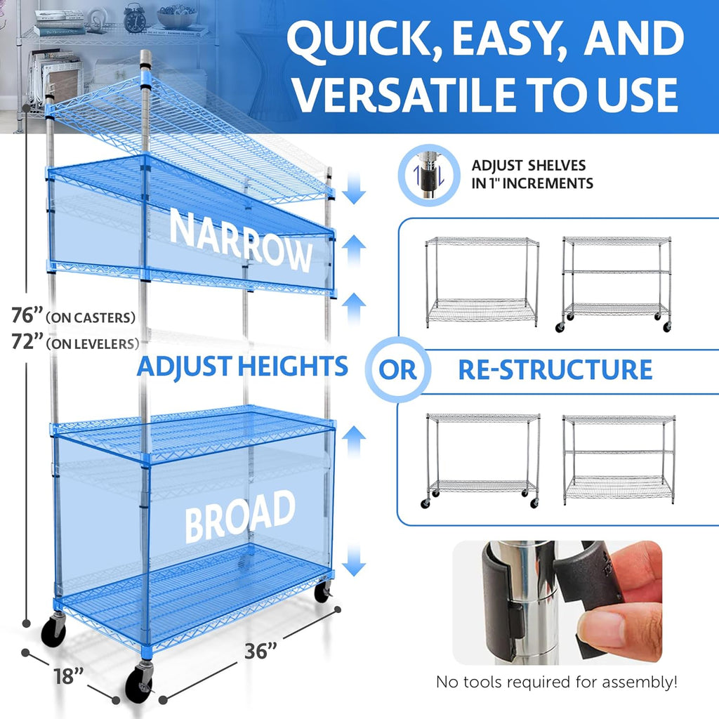 4000 LBS Heavy Duty Metal Shelving Unit – 36x18x76 NSF 5-Tier Wire Rack with Wheels, Adjustable Garage Storage Shelves, Chrome Wire Shelving for Kitchen, Warehouse, Bakers Rack – Crescent