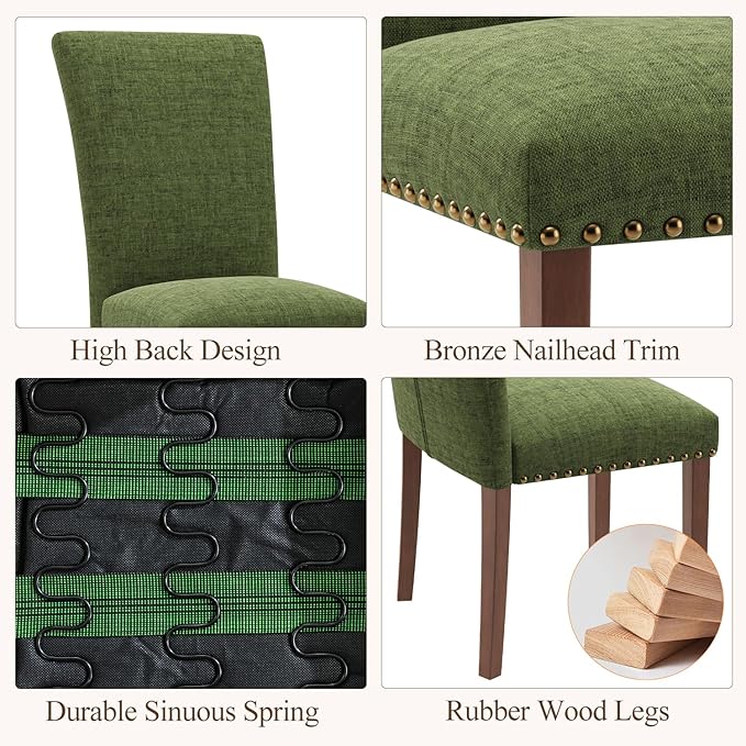 Stylish Dining Chairs Set of 2, Upholstered Parsons Dining Room Chair with Nailhead Trim, Kitchen Room Chair with Thick Cushions and Wood Legs, Nailhead Trim, Green