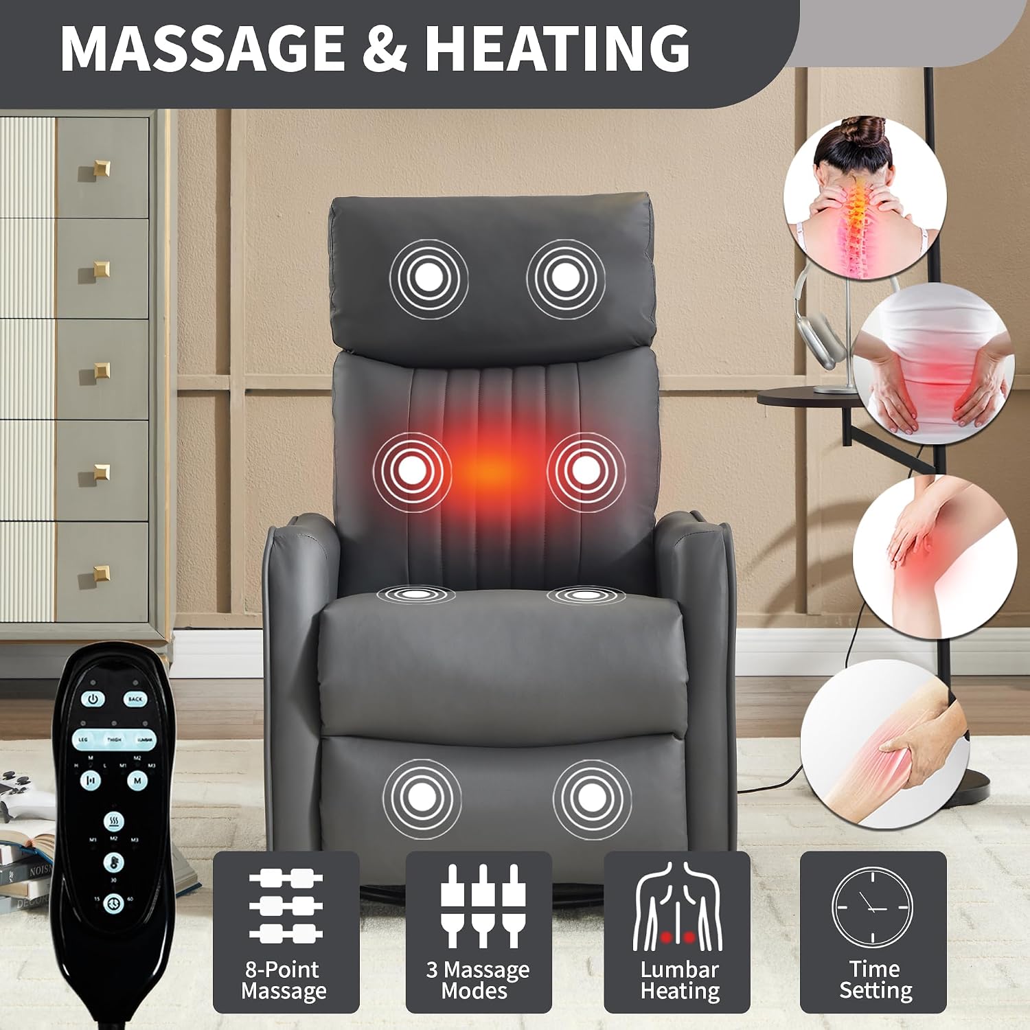 Manual Swivel Rocker Recliner Chair for Adults, Overstuffed Reclining Glider Chair for Nursing with Vibration Massage & Heat, Living Room Rocking Recliner 2-Stage backrest, Faux Leather Gray