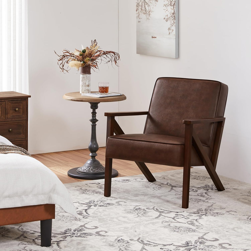 Yaheetech Mid-Century Modern Accent Chair, Lounge Chair, Dark Brown | Faux Le...