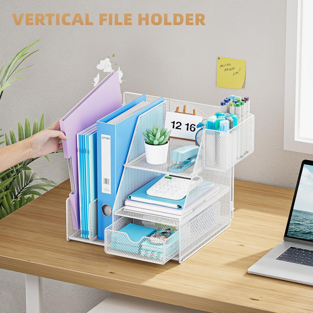 Marbrasse Desk Organizer and Accessories, 3-Tier File Organizer with Drawer and Pen Holder, Small Desktop Organizer and Storage for Workspace Office Supplies White