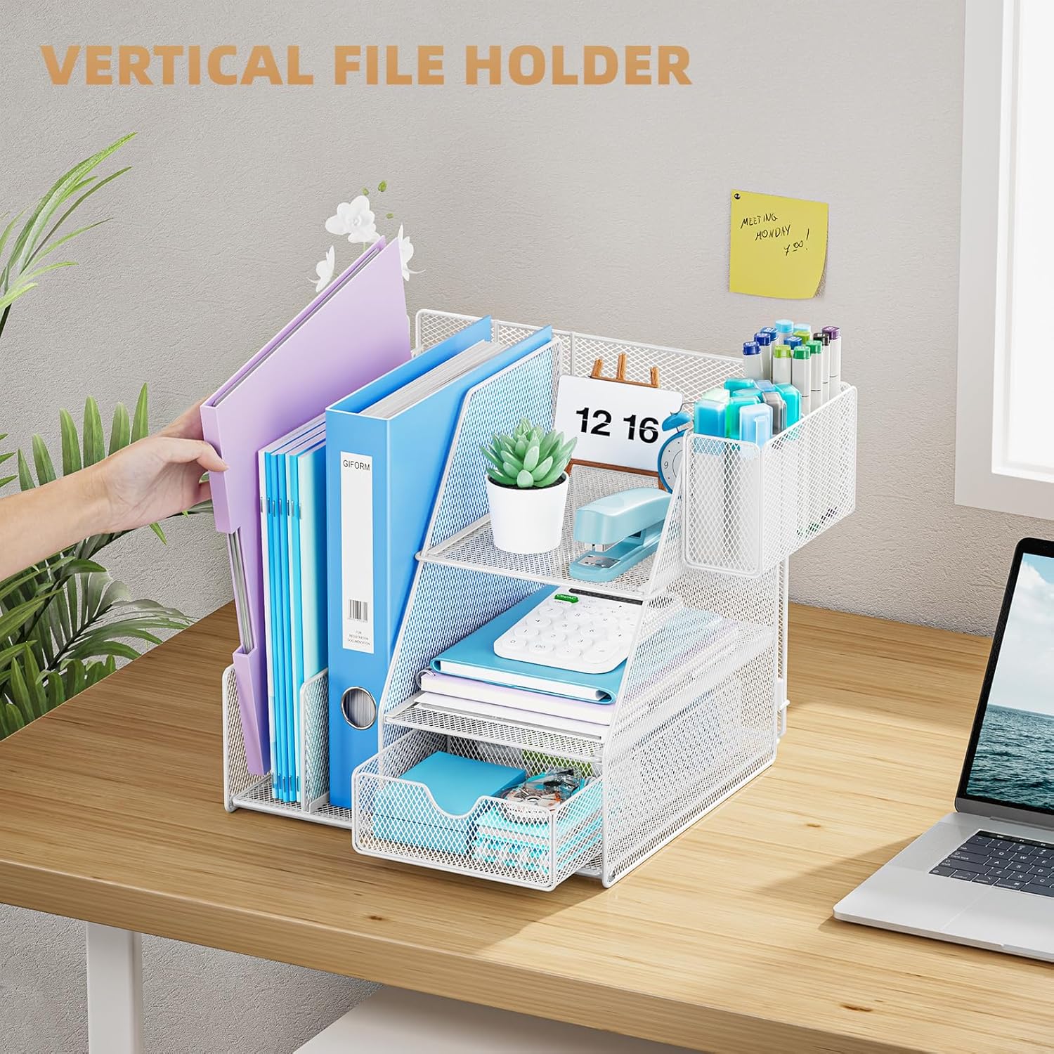 Marbrasse Desk Organizer and Accessories, 3-Tier File Organizer with Drawer and Pen Holder, Small Desktop Organizer and Storage for Workspace Office Supplies White