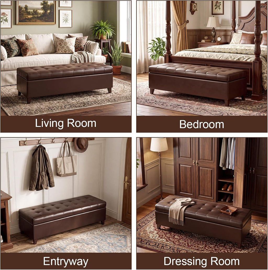 51" Dark Brown Leather Storage Ottoman for Living Room | End of Bed Storage Ottoman Bench, Faux Leather Upholstered Ottomans with Hinged Lid, Rectangle Bench for Entryway&Bedroom
