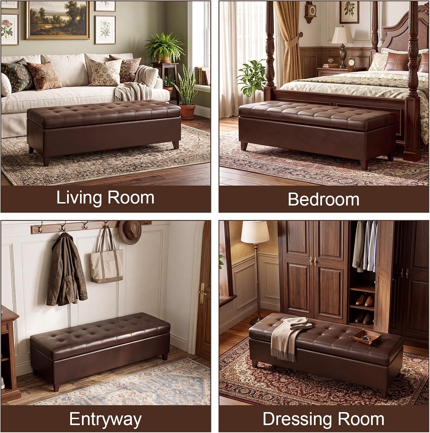 51" Dark Brown Leather Storage Ottoman for Living Room | End of Bed Storage Ottoman Bench, Faux Leather Upholstered Ottomans with Hinged Lid, Rectangle Bench for Entryway&Bedroom