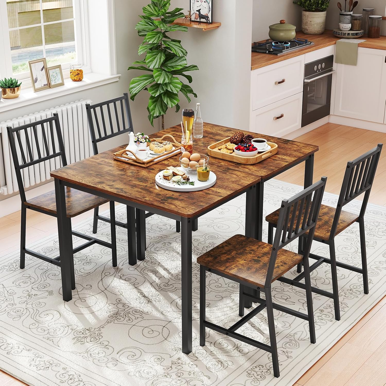 Rovibek 3 Piece Dining Table Set for 2 with Steel Frame & Adjustable Feet, Small Kitchen Table with 2 Chairs, Modern Breakfast Nook Dinette for Small Space, Industrial Farmhouse Brown