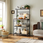 MAHANCRIS Bakers Rack with Power Outlet, Kitchen Storage Shelf with 6 Hooks, Microwave Stand with Storage, 4-Tier Coffee Bar Station, for Kitchen, Dining Room, Rustic Brown and Black BRHR351E01