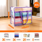 8 Pack Clear Clothes Storage Bags, Double Zipper Design 40L Underbed Moving Bags for Blankets and Clothes, Large Capacity Closet Organizers and Storage for Dormitory, Bedroom, Closet-Purple
