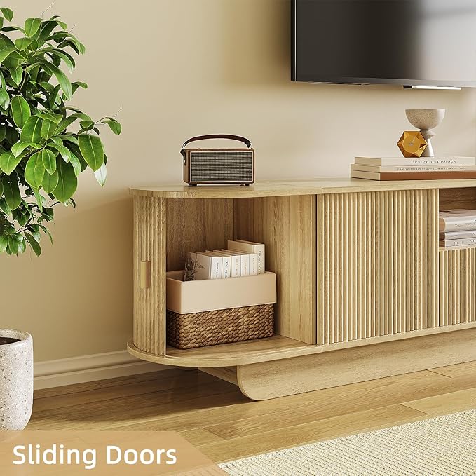 TV Stand and Coffee Table Set of 2,Entertainment Center with Large Storage Cabinet & Open Shelves,86.6'' Modern TV Console,Wood Center Tables for Bedroom, Home Office,Natural