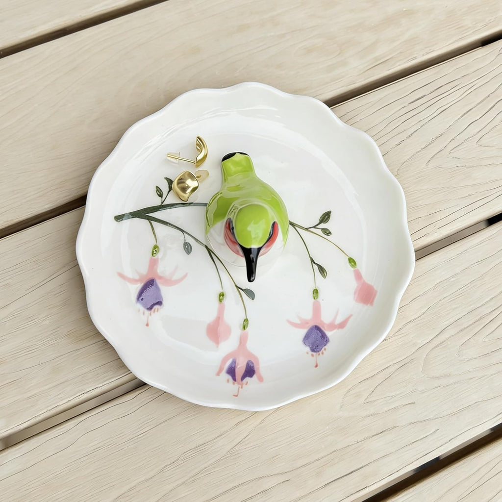 Hummingbird Ceramic Jewelry Tray– Fuchsia Holiday Trinket Plate for Rings, Earrings & Gifts Handmade Ceramic Jewelry Dish.Valentine's Day Mother's Day Any scenario