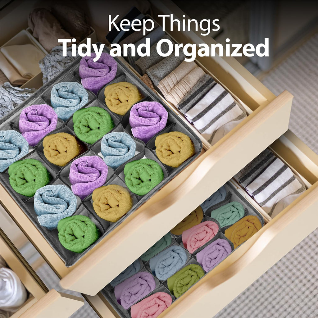 24-Cell Drawer Organizer, 4-Pack 12x12x4in Gray | Foldable storage box, 24 cells, 12x12x4 inches, maximizes drawer/wardrobe space, for socks/underwear/bras/ties.