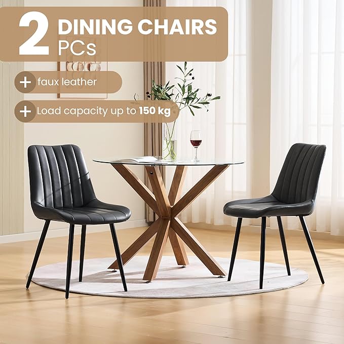 CLIPOP Dining Chairs Set of 2, Upholstered Kitchen Chairs with Comfortable Faux Leather Seat, Metal Legs, Modern Black Leather Dining Chairs, Easy Assembly