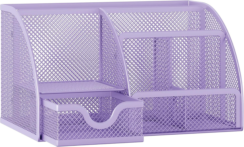 EasyPAG Mesh Desk Organizer with Drawer Multi-functional Pen Holder Stationery Organizer for Office School Supplies 6 Compartments Dorm Organizers and Storage for Desk, Light Purple