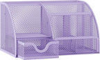EasyPAG Mesh Desk Organizer with Drawer Multi-functional Pen Holder Stationery Organizer for Office School Supplies 6 Compartments Dorm Organizers and Storage for Desk, Light Purple