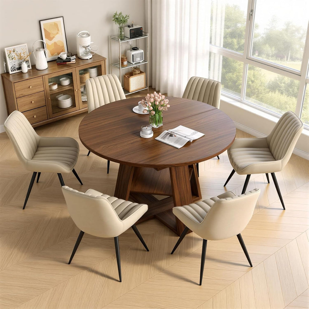 Extendable Round Dining Table Set for 4-6, 5-Piece Oval Kitchen Table with Hidden Storage, Wooden Dining Table Set with Upholstered Chairs for Small Spaces, Apartment (Walnut Table, 4 Beige Chairs)