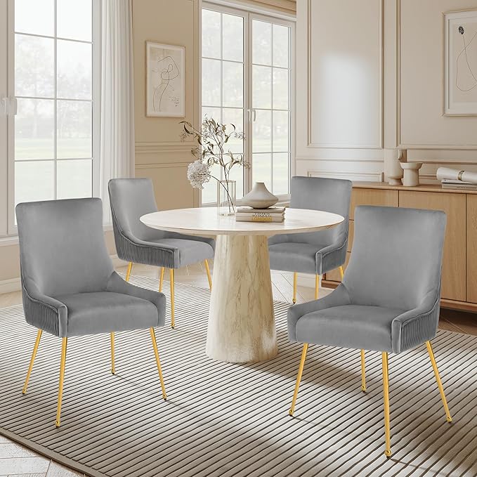 Velvet Dining Chairs Set of 2, Modern Upholstered Kitchen Chair with Pull Handle & Pleated Back, Mid Century Accent Chair with Gold Metal Legs for Vanity,Dining,Kitchen,Living Room, Grey