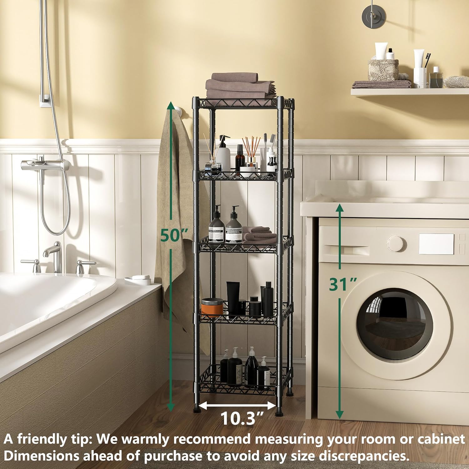 GIOTORENT 5 Tier Standing Shelving Metal Units, Adjustable Height Wire Shelf Display Rack for Laundry Bathroom Kitchen 11.8 W x 11.8 D x 50 H (5-Tier, Black)
