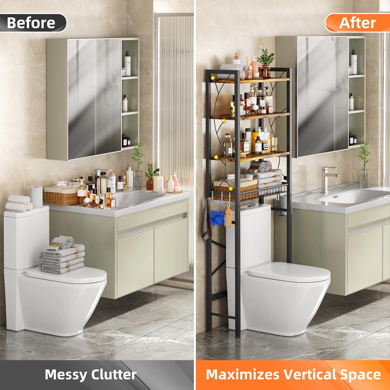 Over-The-Toilet Storage Rack, 4-Tier Bathroom Organizer Shelf Over Toilet with Adjustable Shelf and Basket, Freestanding Space Saver Bathroom Shelves Above Toilet for Room (Rustic Brown)