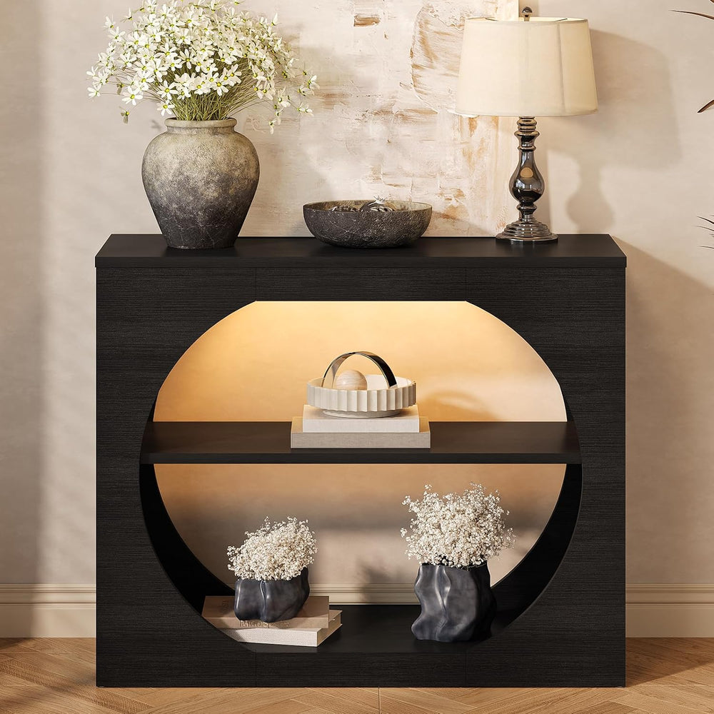 Entryway Table, 39'' Black Console Table with LED Light 3-Tier Modern...