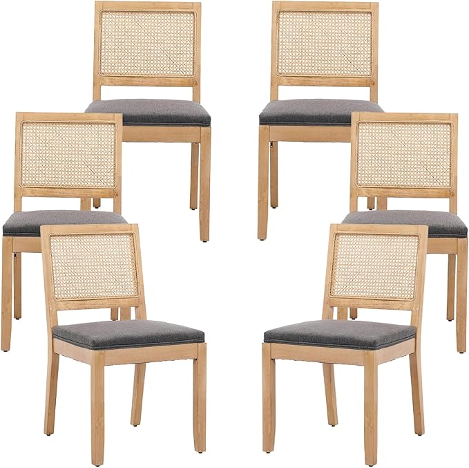 French Country Dining Chairs Set of 6, Grey Kitchen & Dining Room Chairs Set of 6, Rattan Dining Chairs, Cane Low Back, Wood Legs, Sillas De Comedor (Rattan, Gray, 6Pcs)