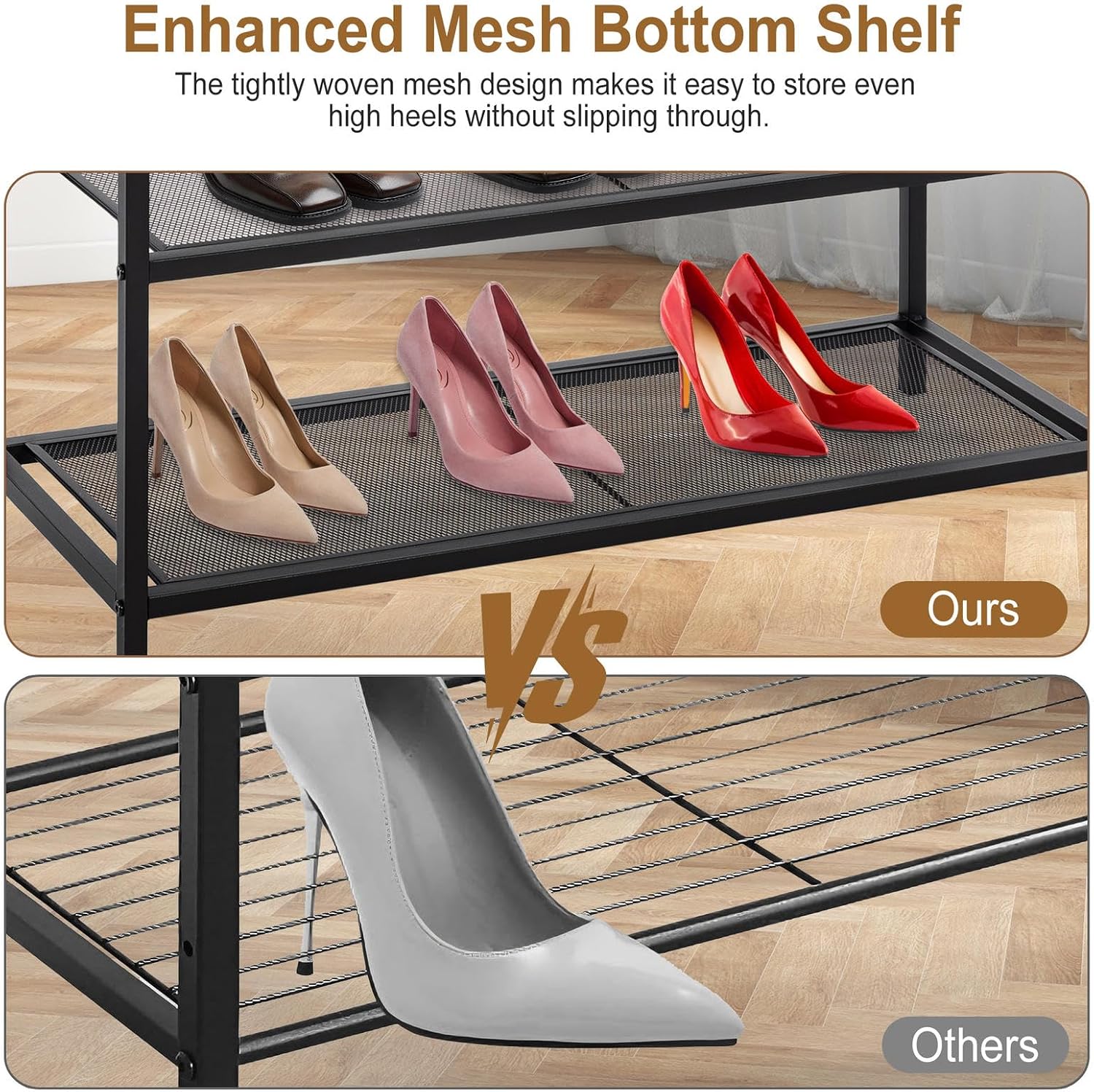 DUMOS 3-Tier Shoe Bench with Storage, Entryway, Mesh Shelves, Rustic Brown | Industrial style, 220 lb seating capacity, stores boots & sneakers, fits entryways & hallways