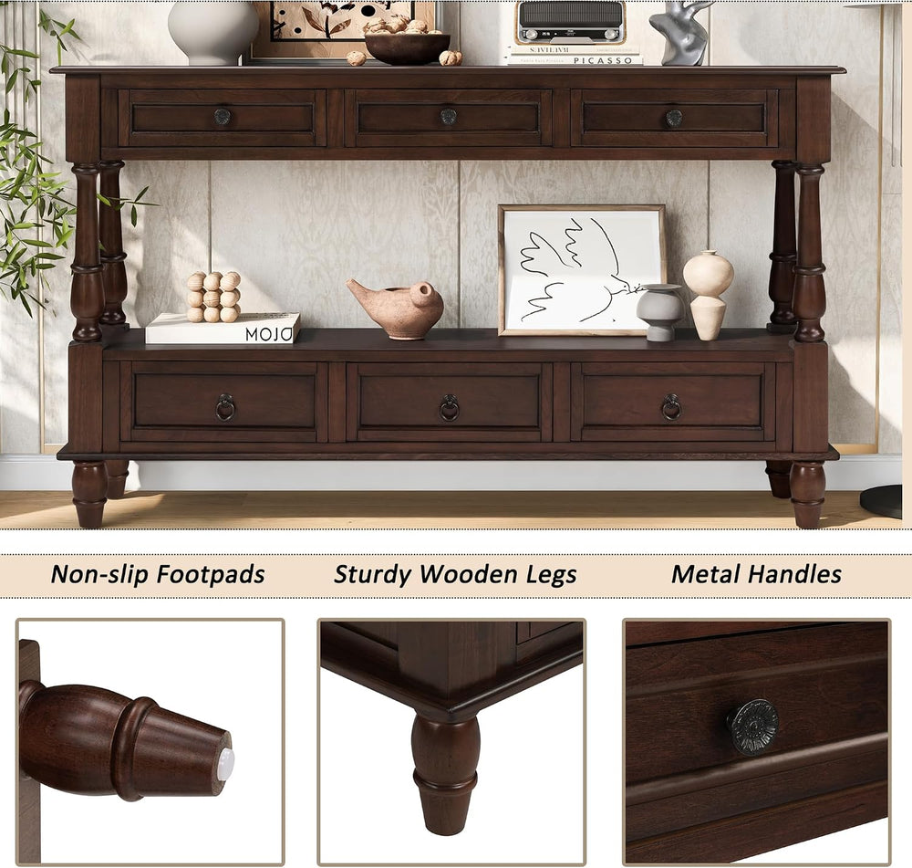 Knocbel Console Table with 6 Storage Drawers and Bottom Shelf, Vintage Sofa T...