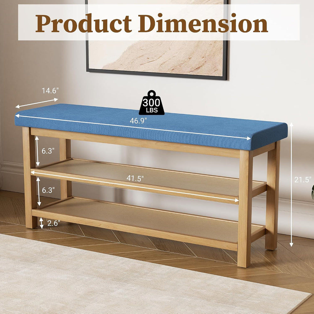 2 Tier Shoe Rack Bench with Cushion, Rubberwood Shoe Benches, Mid-Century Mod...