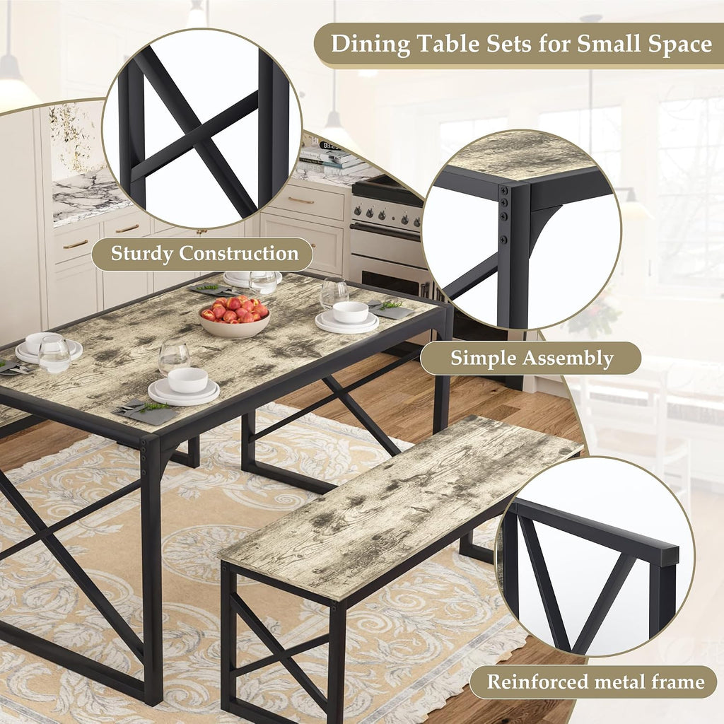 VECELO Kitchen Dining Table Benches Set for 4/6, 55" Wooden Dinette with 2 Benches, Large Embedded Desktop for Small Space, Breakfast Nook, Grey