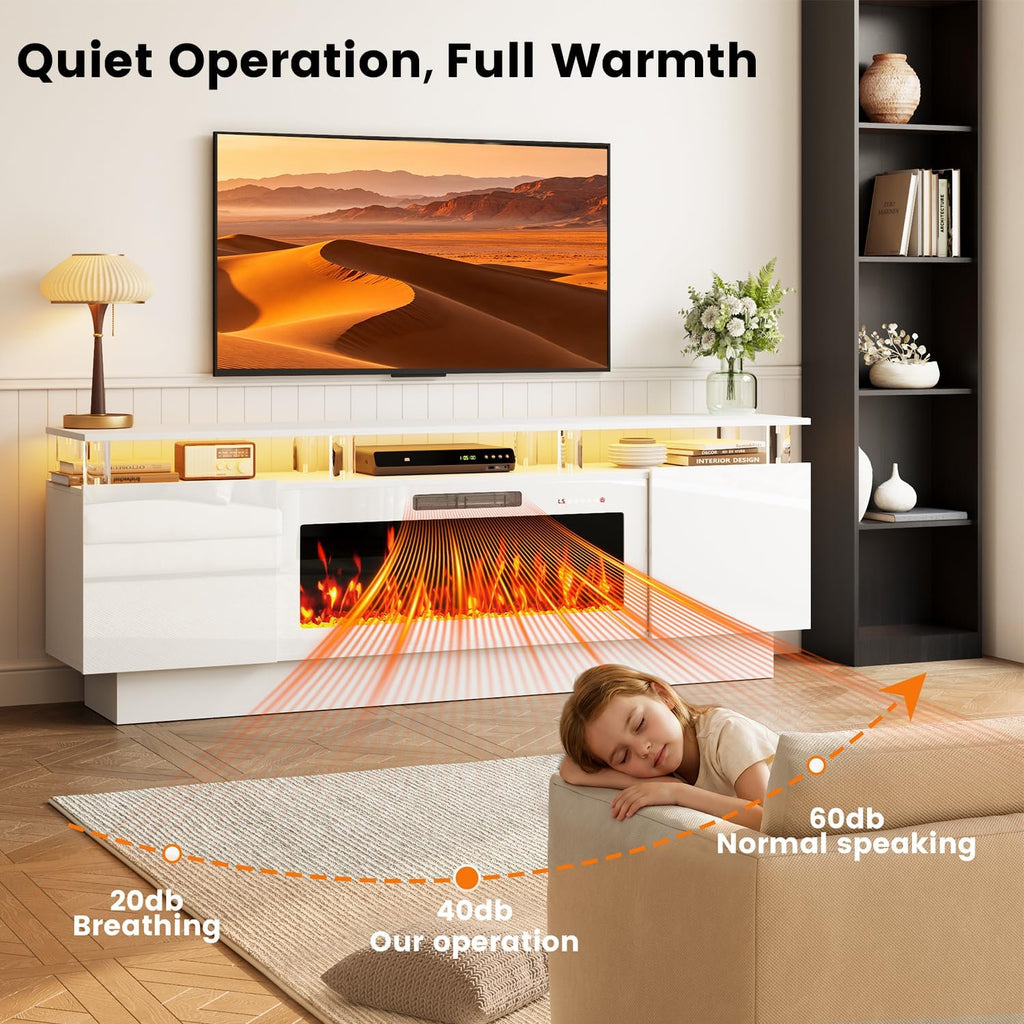 Fireplace TV Stand with White Fireplace, 70 Inch White Fire Place TV Stands for Living Room, Modern Electric Fireplace TV Stand with Cabinets & Acrylic Columns, Entertainment Center for TVs Up to 80"