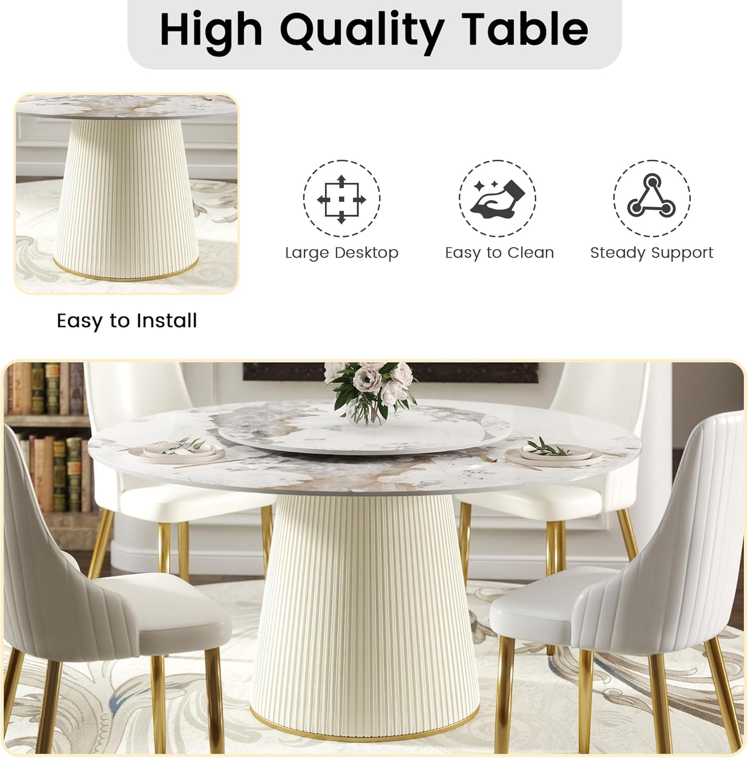 59" Round Dining Room Table, Faux Marble Dining Table for 8 Person with 31.5" Detachable Lazy Susan, Sintered Stone Dining Table with Carbon Steel Base and Wrapped Cream PU for Home(Only 1 Table)