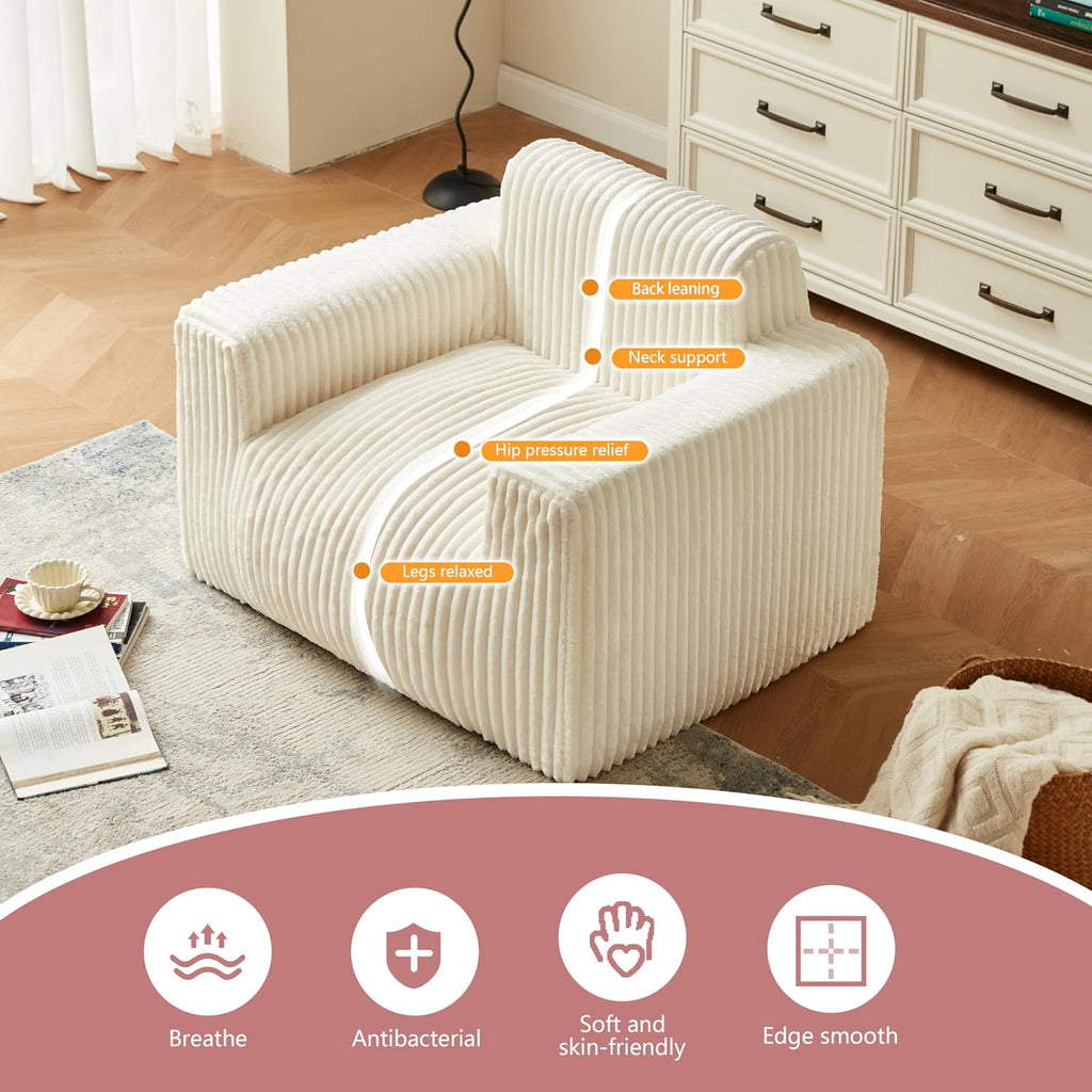 Premium Beige Bean Bag Chair for Adults with Armrest- Ultra Plush Memory Foam Lounge Sofa & Comfy Reading Nook Chair for Bedroom, Living Room & Dorm (White, Cloudnook)