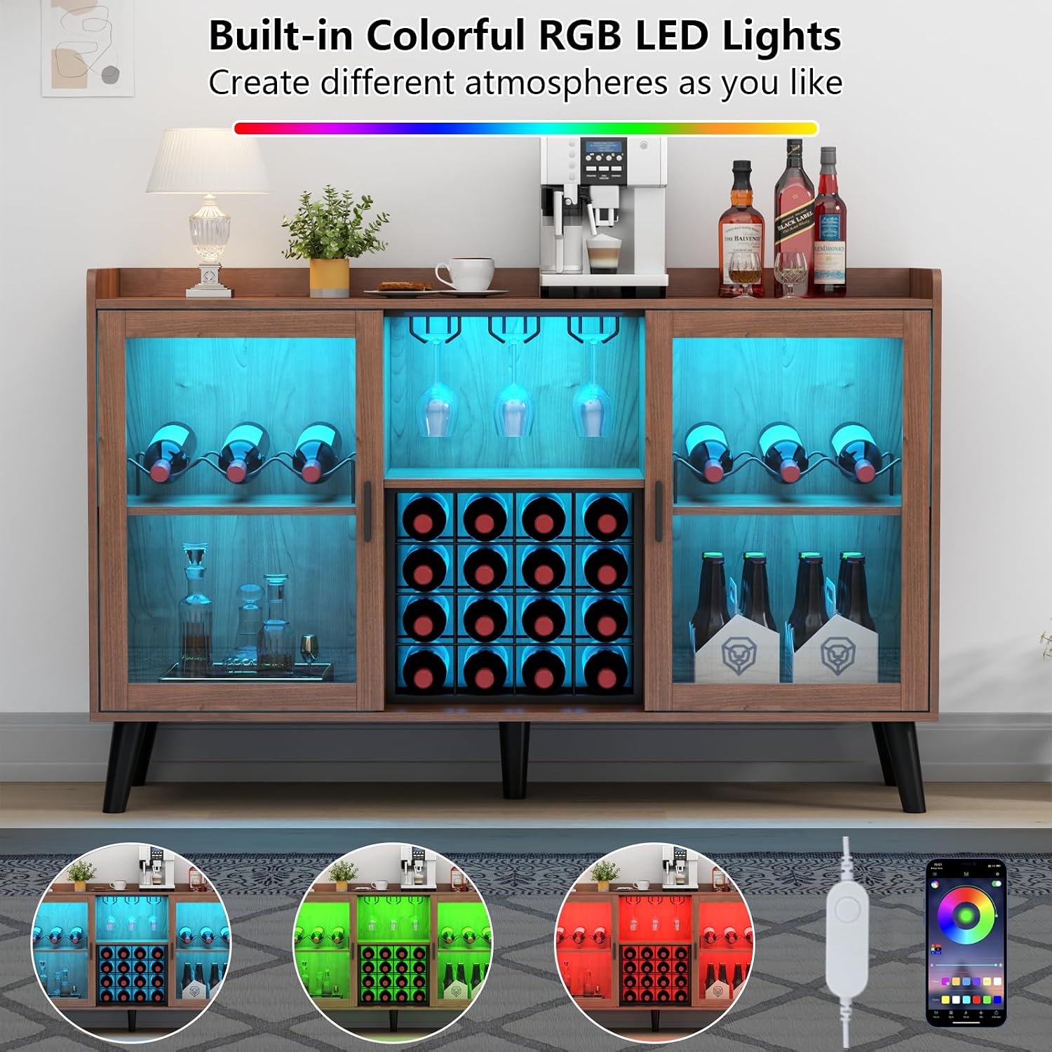Wine Bar Cabinet with Led Light, Home Coffee Cabinet with Wine & Glass Rack | Kitchen Buffet Sideboard with Storage Shelves, Freestanding Liquor Cabinet for Living Room, Dining Room (Walnut)