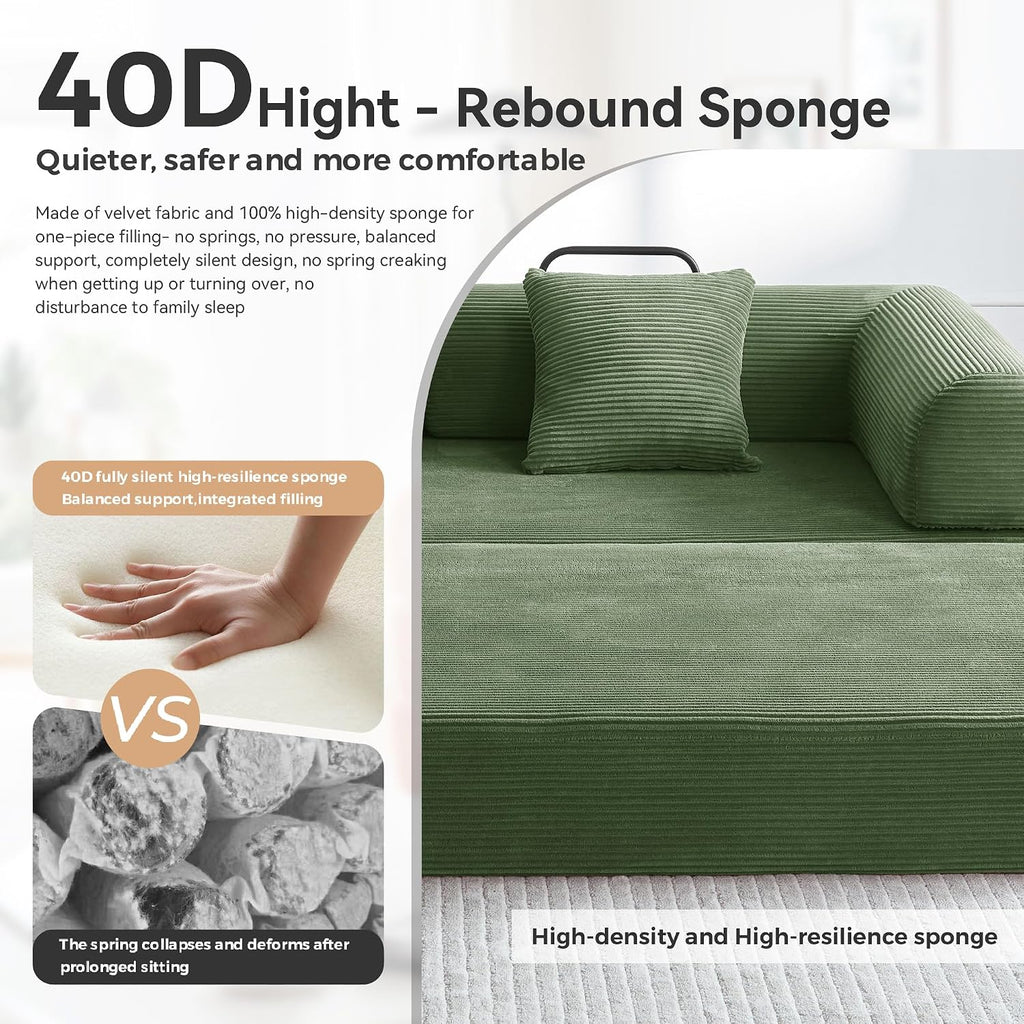 Convertible Floor Sofa Bed with Fixed-Shape Frame, King Size Floor Sleeper 5-in-1 DIY Combination Modular Sofa, Modular Chenille Folding Mattress Couch for Living Room Bedroom Playroom (Green)