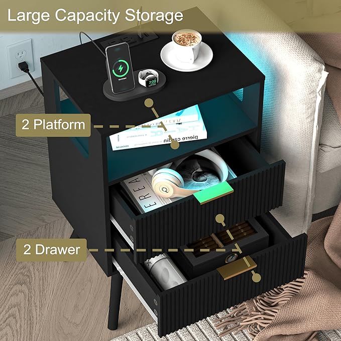 Black Nightstand with Charging Station and LED Lights,Modern Bedside Table wi...