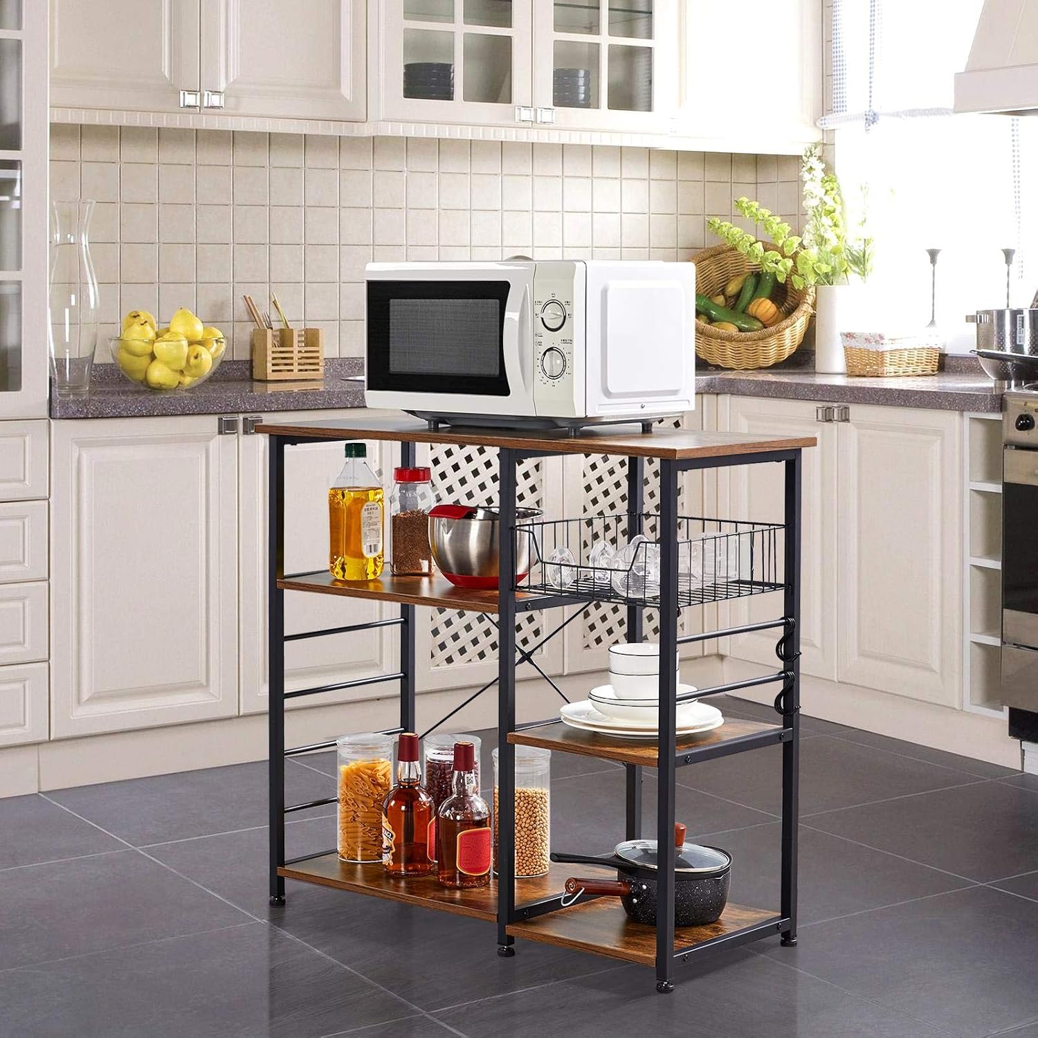Topeakmart Metal Frame Baker's Rack with Wire Basket,Rustic Brown | Engineered wood shelves with side hooks,Microwave Stand for kitchens,dining rooms,Coffee Bar,and offices